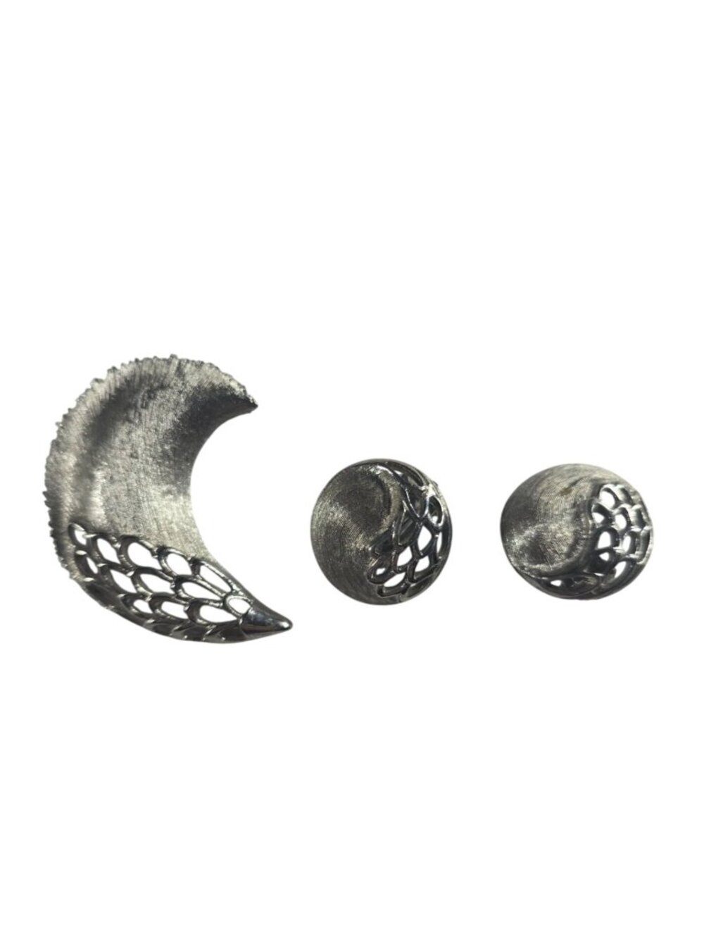 Silver-Tone Crescent Moon feather Brooch Clip-On Earrings Set Filigree Jewelry